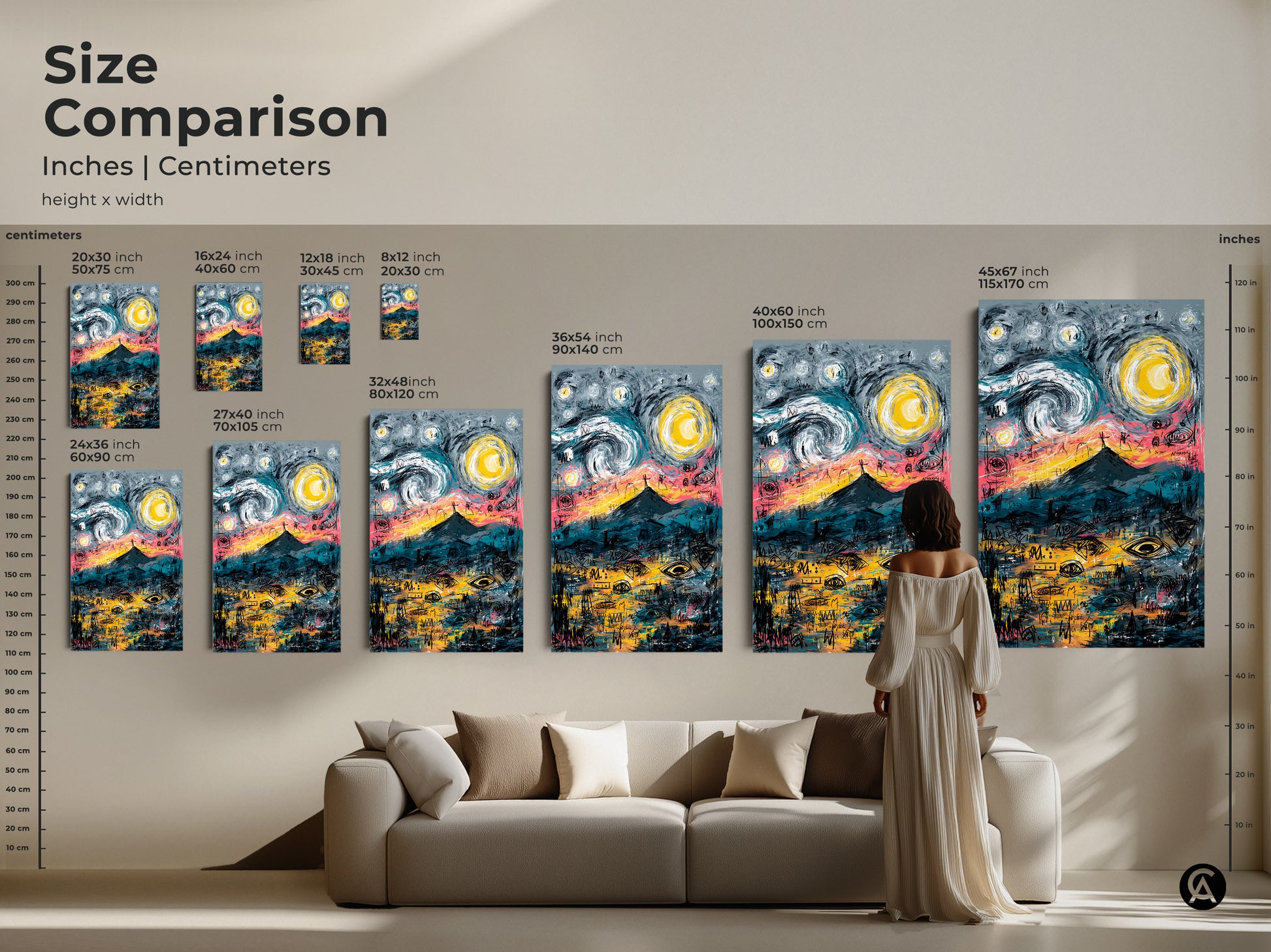 Size comparison of art prints in inches and centimeters. The artwork shows a mountain under a starry sky. Find the perfect size for your space. Shop canvas and poster art prints online now.
