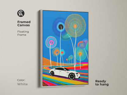 A framed canvas with a white floating frame showing a modern abstract landscape. The colorful road features a sleek white electric car.  The blue sky artwork is ready to hang. Add a unique touch with this vibrant abstract wall hanging.