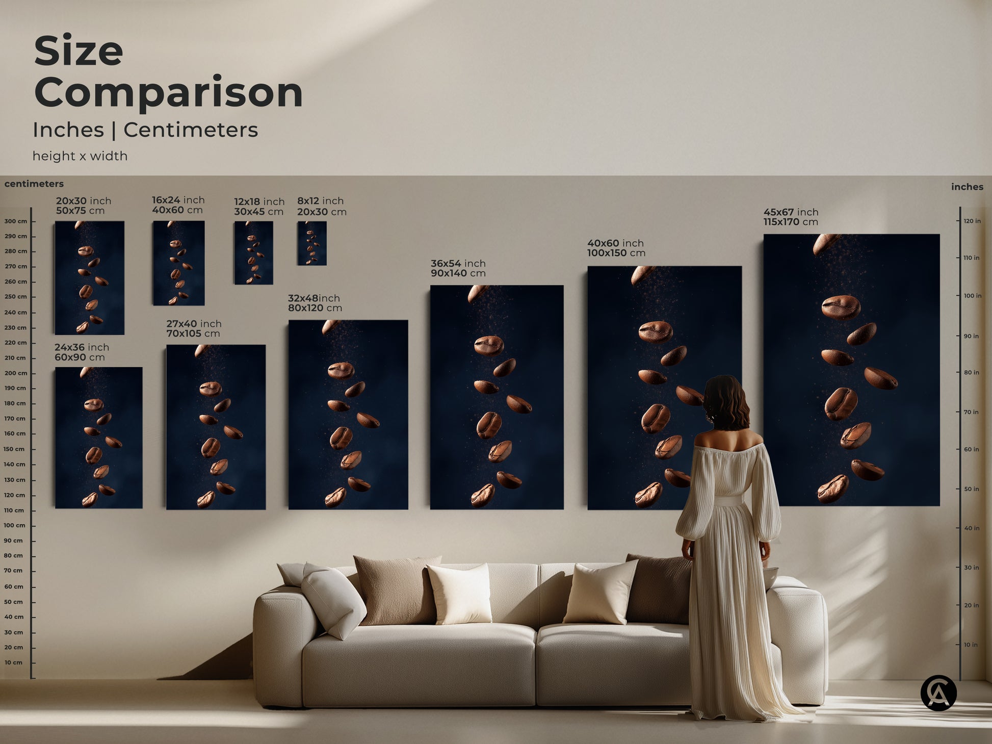 Size comparison of abstract coffee bean art. See how this modern Tan and Dark Blue canvas print looks above a sofa. This minimalist kitchen wall art is available in various sizes. Enhance your home decor with this contemporary artwork.