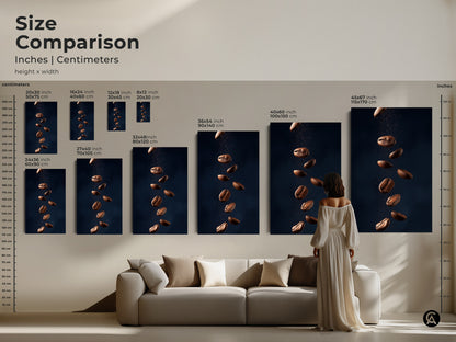 Size comparison of abstract coffee bean art. See how this modern Tan and Dark Blue canvas print looks above a sofa. This minimalist kitchen wall art is available in various sizes. Enhance your home decor with this contemporary artwork.