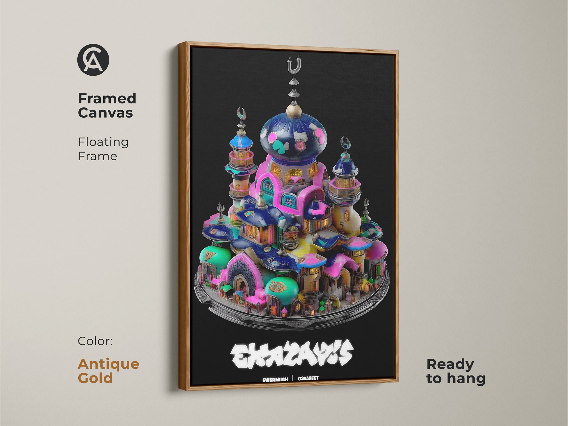 Framed canvas of a surreal mosque fantasy town. An antique gold floating frame enhances the teal pink and blue tones in the art. Ready to hang this abstract architecture art adds a touch of elegance. This wall art is great for fantasy art collector gifts.