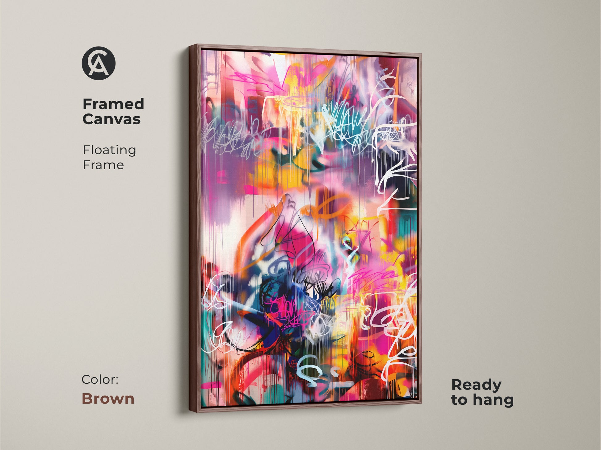 Framed canvas of an abstract painting with a warm brown floating frame. The colorful artwork includes shades of pink yellow teal and white. This ready to hang canvas art brings a contemporary flair to your home or office decor.