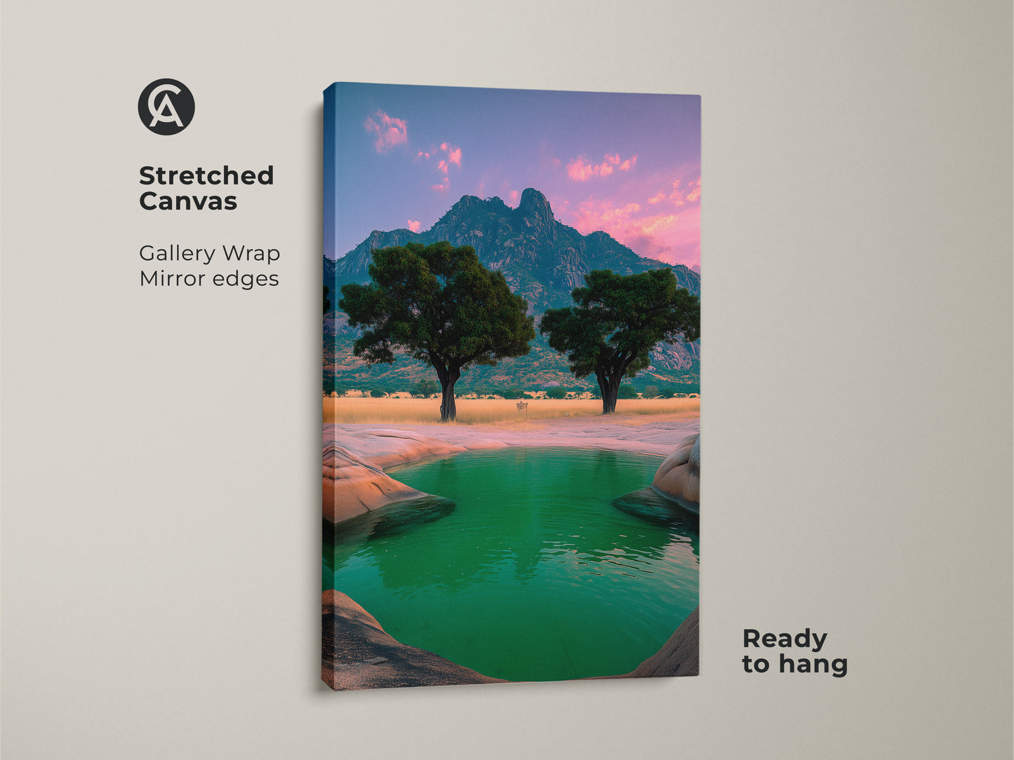 Stretched Canvas of African Savanna art. The mountain landscape print shows a green oasis wall. It's travel themed artwork for eclectic home decorating. This nature landscape painting offers a safari scene canvas decor. It's ready to hang.