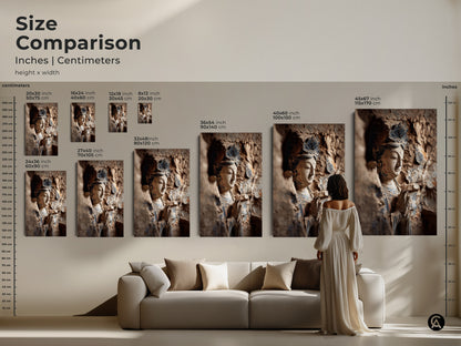 Compare sizes of the Buddha statue artwork. See inches and centimeters. The canvas and poster options are available in multiple dimensions. Perfect for any room or decor style.