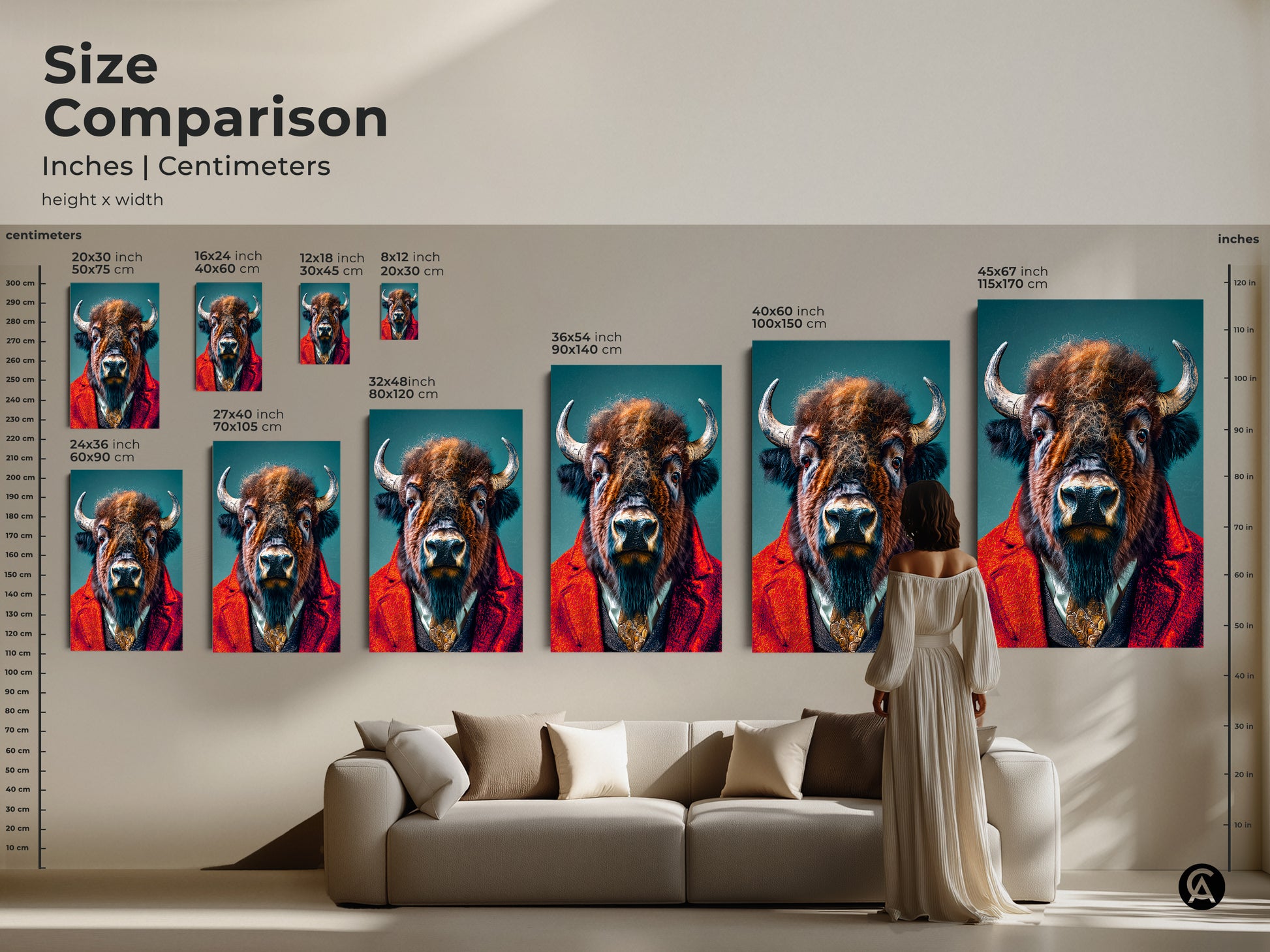 Size comparison of the buffalo in a suit artwork in inches and centimeters. See how different sizes fit above a sofa. Visualize the impact of various dimensions on your wall. Choose the ideal size to enhance your living space with this animal art.