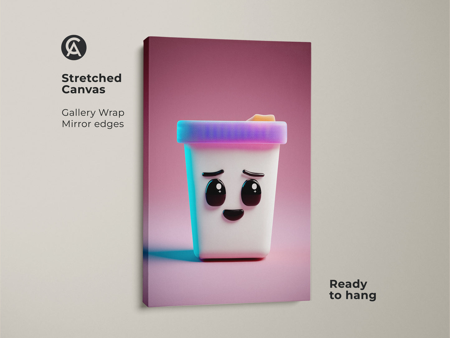 A stretched canvas print displays a charming Kawaii ice cream cone. Its cute cartoon face is rendered in a modern abstract style. This ready-to-hang piece is perfect for kids' wall art or a unique birthday gift.