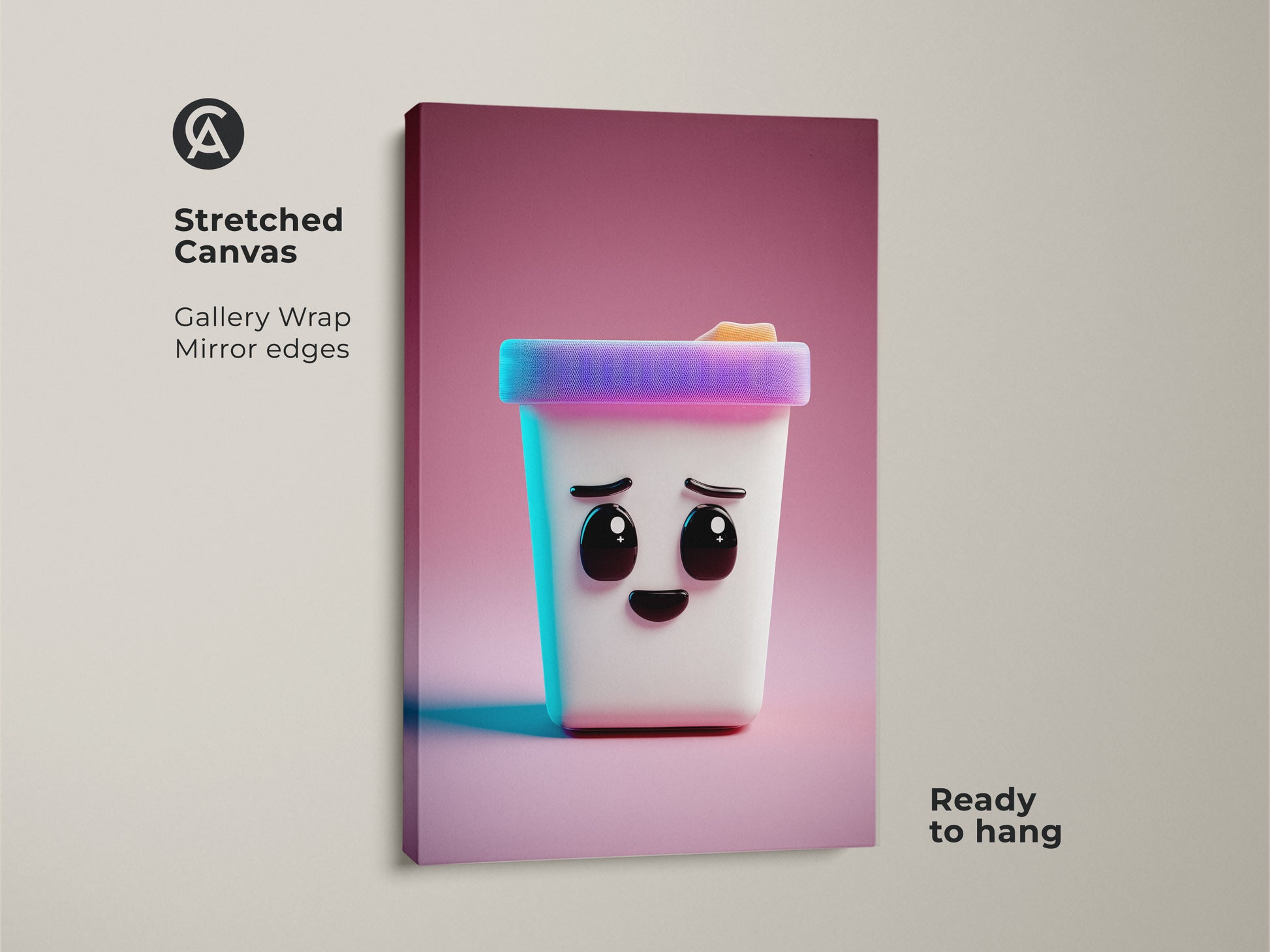 A stretched canvas print displays a charming Kawaii ice cream cone. Its cute cartoon face is rendered in a modern abstract style. This ready-to-hang piece is perfect for kids' wall art or a unique birthday gift.
