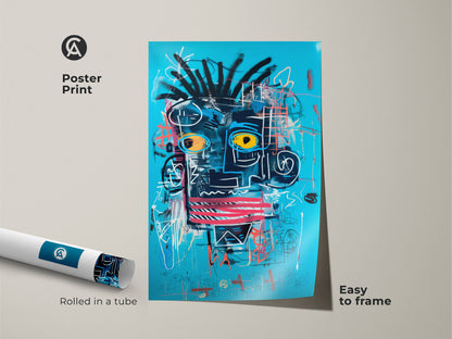 Get this striking abstract face artwork as a poster print. The blue backdrop makes the colors pop. It ships rolled in a tube for easy framing. Add a modern touch to your walls with this unique piece.