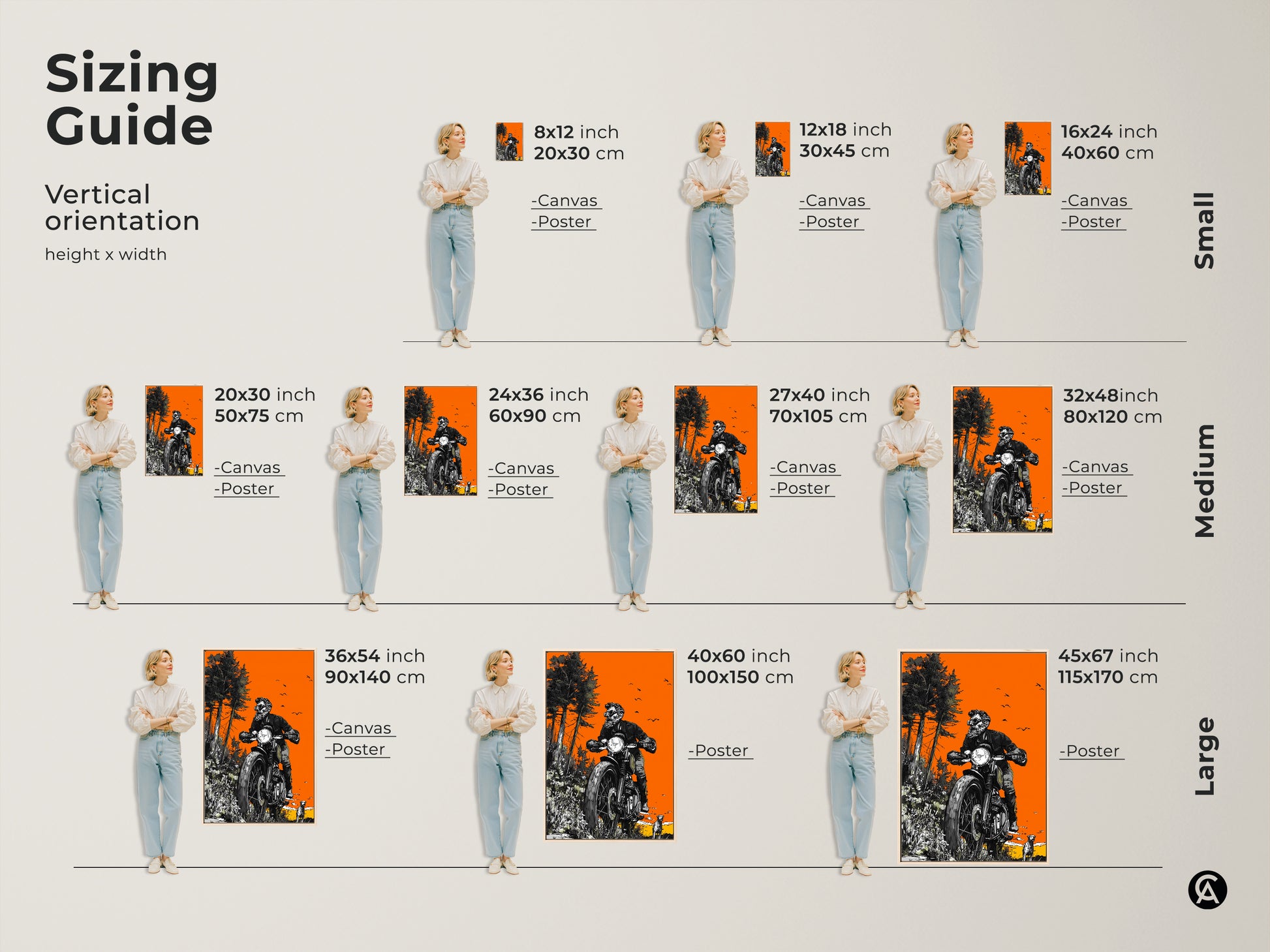 Size guide showing various dimensions for the skeleton biker artwork. Visualize the artwork in small medium and large sizes. This guide helps you choose the best fit for your space. Available in canvas and poster prints.