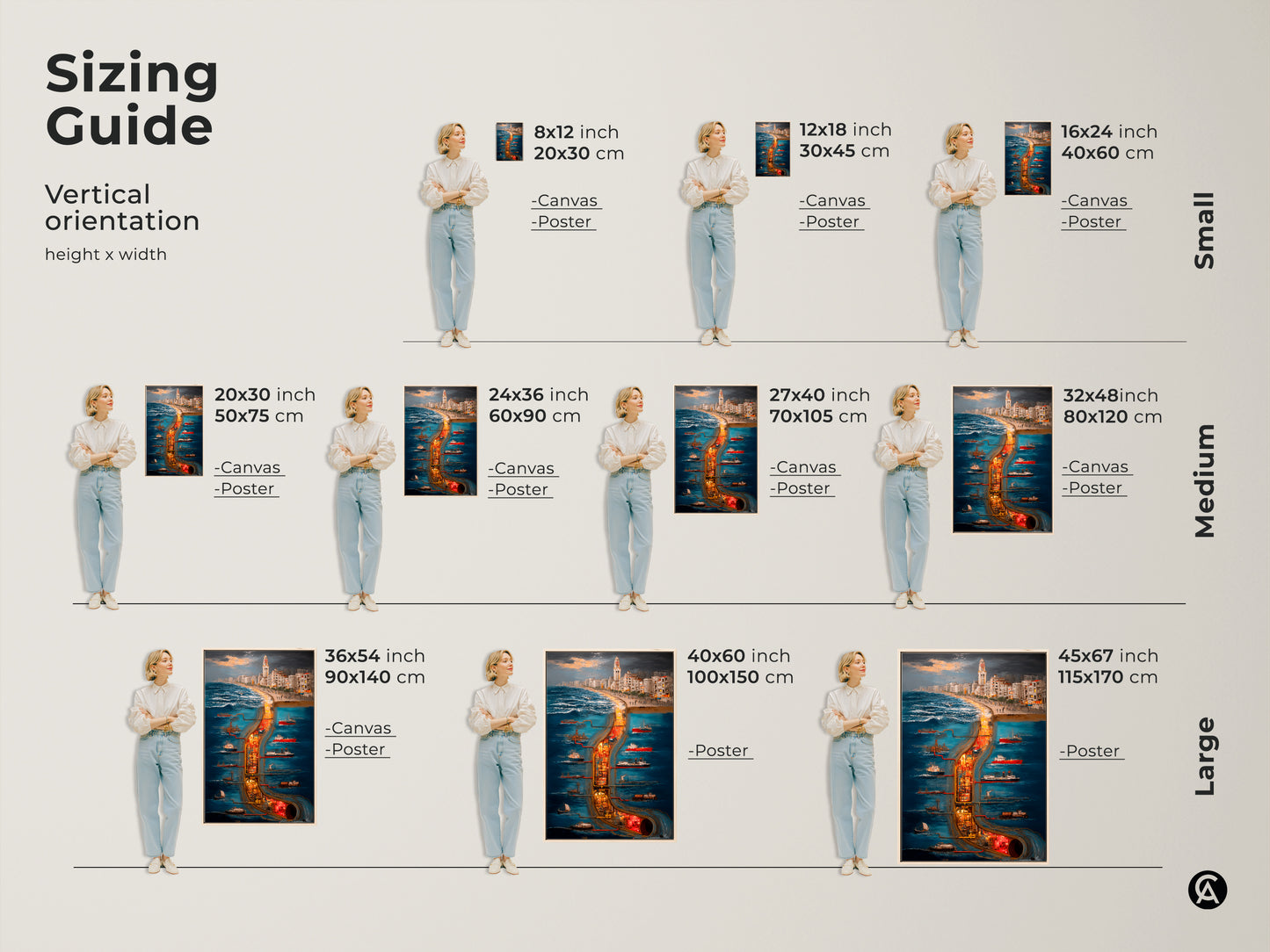 Sizing Guide for a detailed illustration art print featuring a surreal cityscape maritime industrial scene. This deep blue orange and yellow wall decor is perfect for eclectic home decor or unique office art. Find the ideal size for this maritime industrial canvas to enhance your space as a travel enthusiast gift or a housewarming present.
