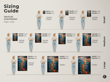 Sizing Guide for a detailed illustration art print featuring a surreal cityscape maritime industrial scene. This deep blue orange and yellow wall decor is perfect for eclectic home decor or unique office art. Find the ideal size for this maritime industrial canvas to enhance your space as a travel enthusiast gift or a housewarming present.