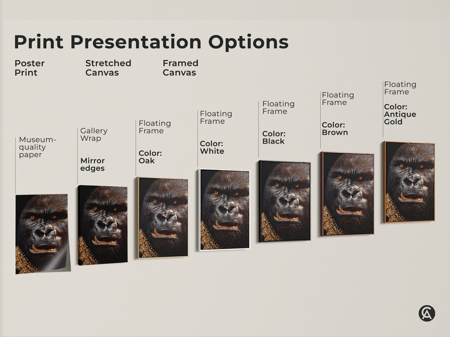 Print presentation options for animal art. Choose from poster prints stretched canvas and framed canvas. Select a black brown oak white or antique gold frame. Find the perfect art for you.