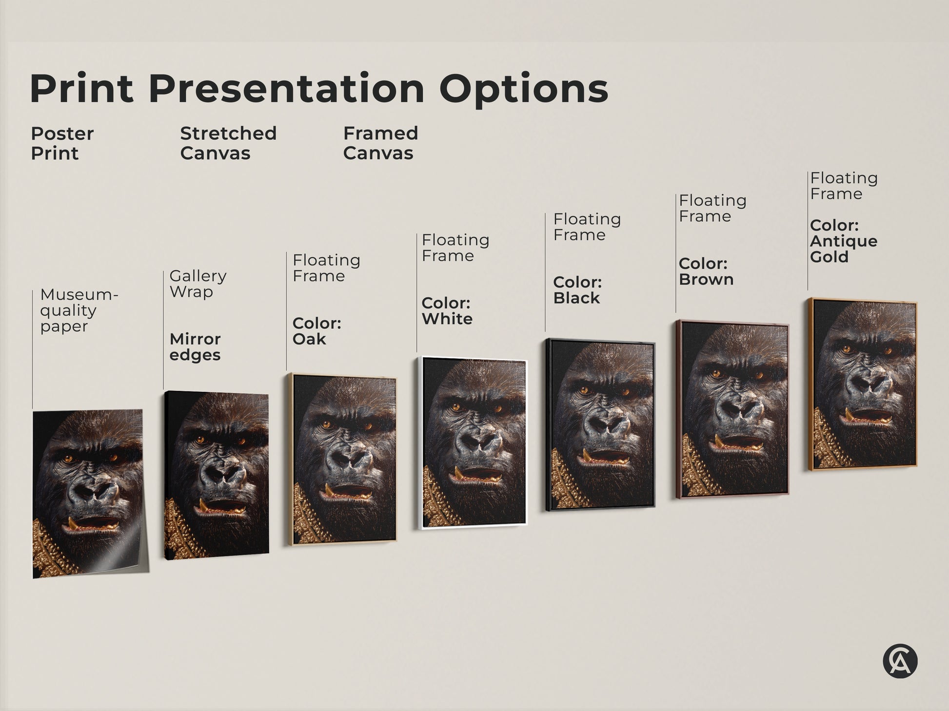 Print presentation options for animal art. Choose from poster prints stretched canvas and framed canvas. Select a black brown oak white or antique gold frame. Find the perfect art for you.