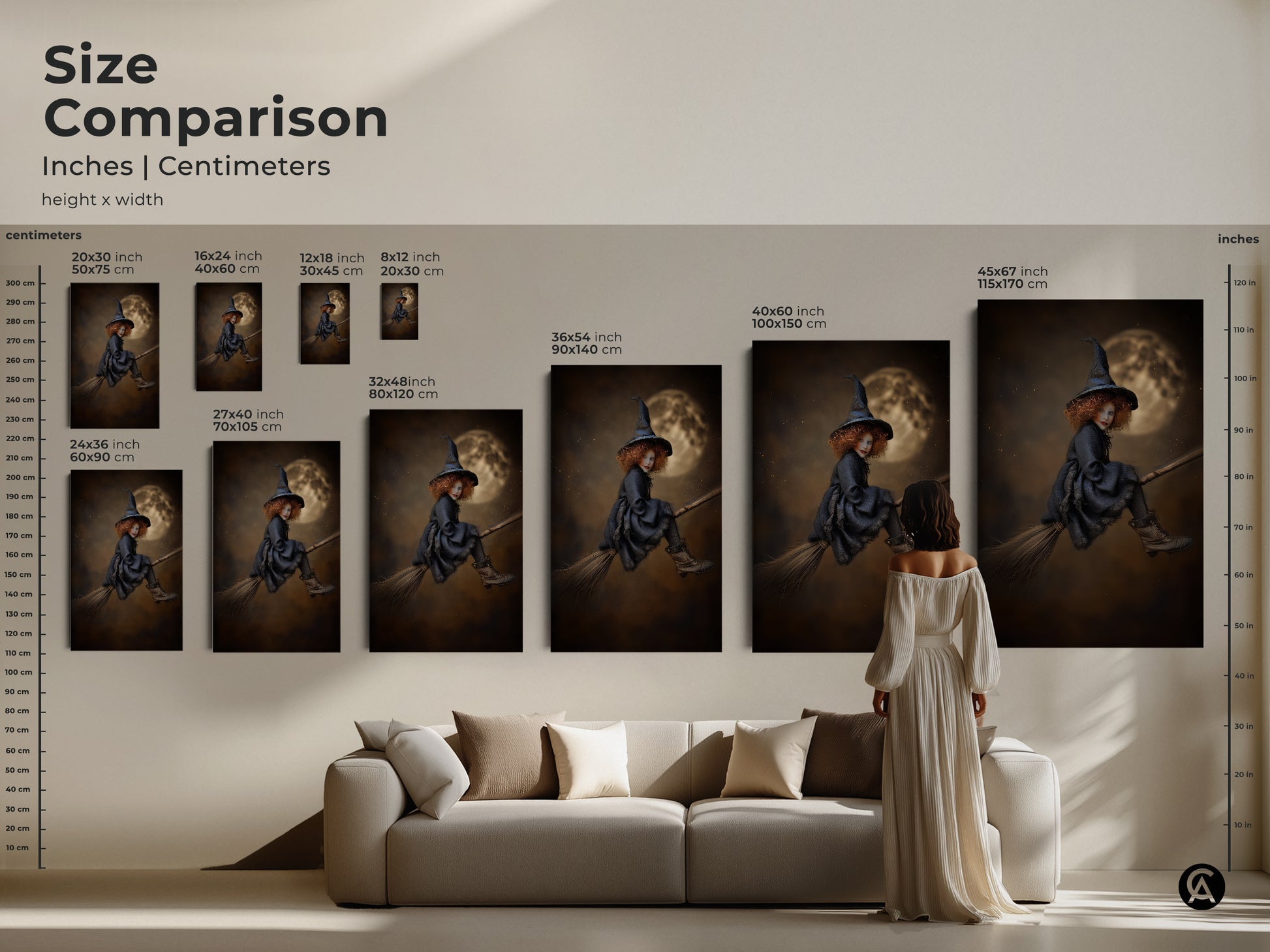 Size comparison of gothic witch art prints. See how different sizes fit above a sofa. Options range from small to large. Perfect for adding magical moon art to any living space or as a Halloween Gift.