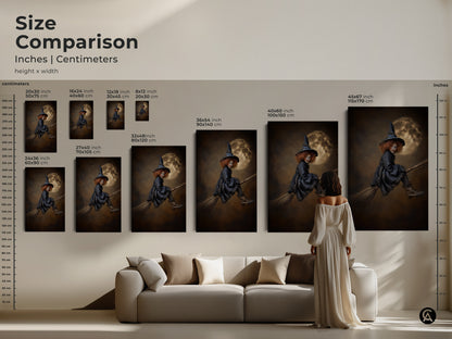 Size comparison of gothic witch art prints. See how different sizes fit above a sofa. Options range from small to large. Perfect for adding magical moon art to any living space or as a Halloween Gift.