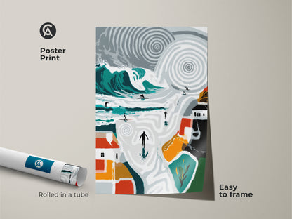 Coastal surfing wall art poster print rolled in a tube. This teal and orange abstract ocean print is easy to frame. Ideal for modern beach house decor and a thoughtful housewarming gift for surf enthusiasts.