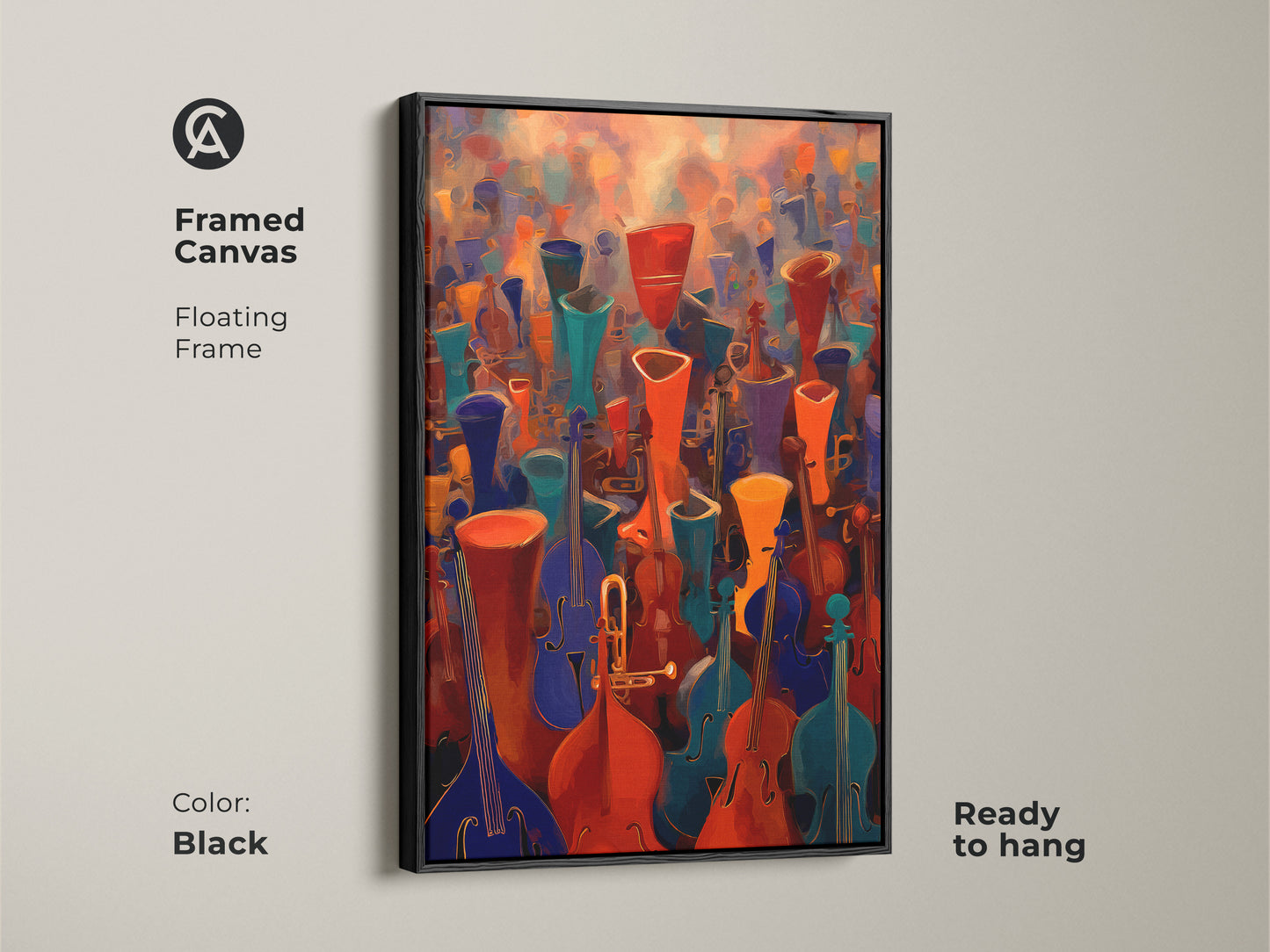 Framed Canvas featuring abstract music wall art. The black floating frame enhances the violin cello canvas print. Orchestra artwork with red orange teal art. Add contemporary abstract art to your home