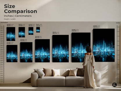 Size comparison of abstract city art prints. Sizes range from small to large. Find the perfect size for your space. This modern artwork features a futuristic city with glowing lights. Shop now to enhance your home.