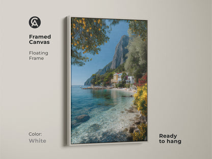 White framed canvas art featuring a Mediterranean lemon tree and coastal villa. This scenic landscape print brings a touch of coastal paradise to your home decor. The yellow and green tones create a relaxing atmosphere. Ideal for travel lovers and beach house decor.
