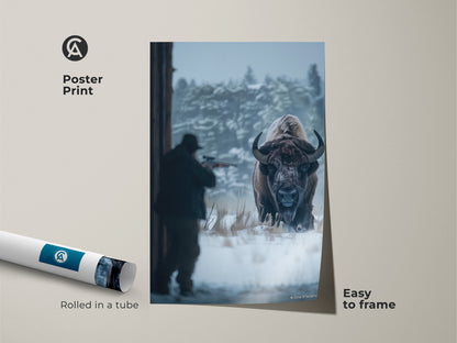 Poster print featuring a hunter aiming at a bison in a snowy scene. This wildlife artwork is easy to frame. Rolled in a tube for protection this poster brings nature indoors. Perfect for art enthusiasts. Add this stunning piece to your collection. Shop now for unique art.