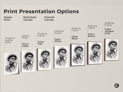 Explore our print options for this pencil artwork of a jazz musician. Choose from poster prints stretched canvases and framed canvases. Available with various frame colors. Find the perfect presentation to match your style and decor. Bring the soulful art of jazz into your home.