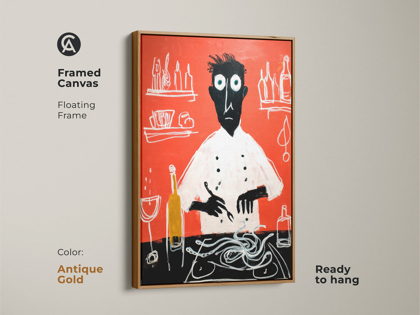 Framed canvas with a floating antique gold frame art of a chef with spaghetti. This red abstract kitchen decor is ready to hang. Modern folk art for dining rooms. An artistic culinary handmade gift for chefs and home cooks provides a unique accent.