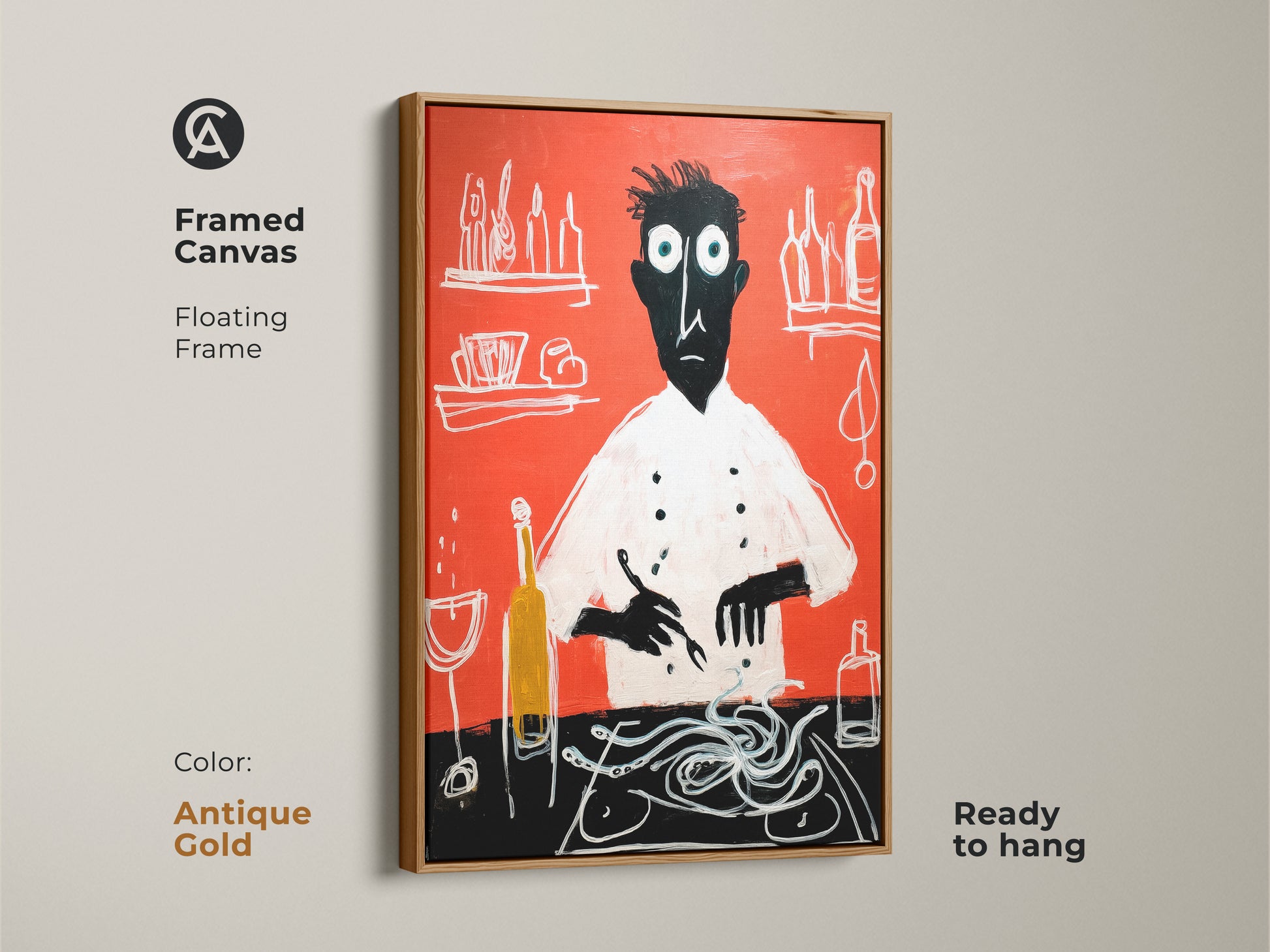 Framed canvas with a floating antique gold frame art of a chef with spaghetti. This red abstract kitchen decor is ready to hang. Modern folk art for dining rooms. An artistic culinary handmade gift for chefs and home cooks provides a unique accent.