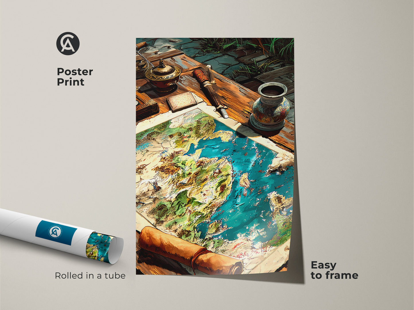 Poster print of a fantasy world map rolled in a tube. This nautical map artwork is easy to frame. Perfect for adding adventure to any room. Explore our collection of unique posters online now.