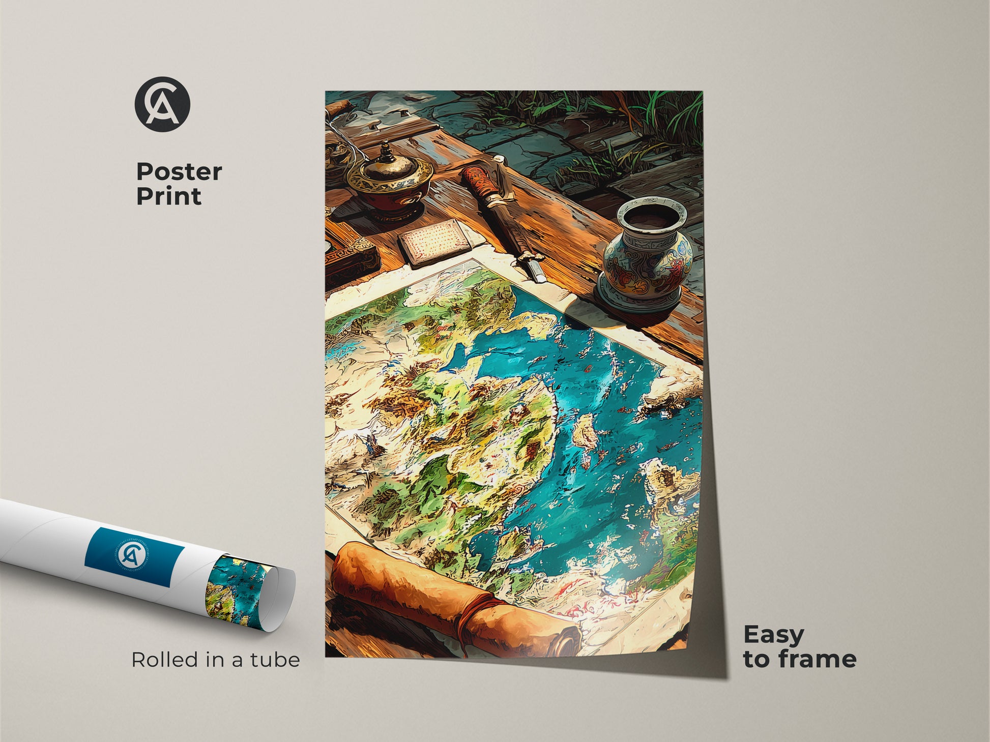 Poster print of a fantasy world map rolled in a tube. This nautical map artwork is easy to frame. Perfect for adding adventure to any room. Explore our collection of unique posters online now.