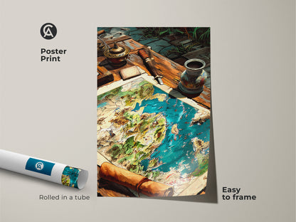 Poster print of a fantasy world map rolled in a tube. This nautical map artwork is easy to frame. Perfect for adding adventure to any room. Explore our collection of unique posters online now.