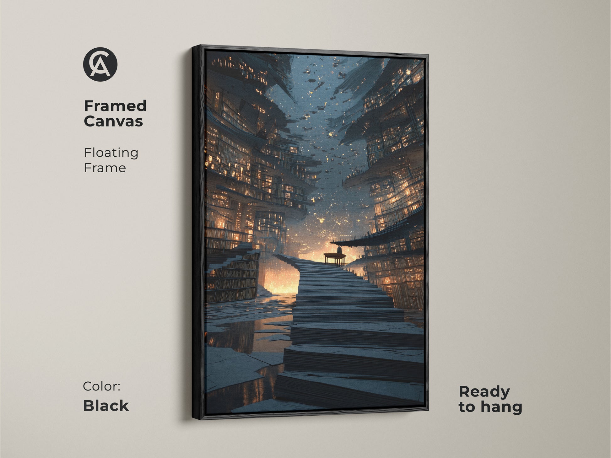 Framed canvas of a futuristic cityscape with a floating black frame. This sci-fi architecture print features a bookshelf staircase. The navy gold orange art is perfect for a study room. Modern office artwork that is ready to hang.