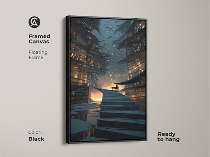 Framed canvas of a futuristic cityscape with a floating black frame. This sci-fi architecture print features a bookshelf staircase. The navy gold orange art is perfect for a study room. Modern office artwork that is ready to hang.