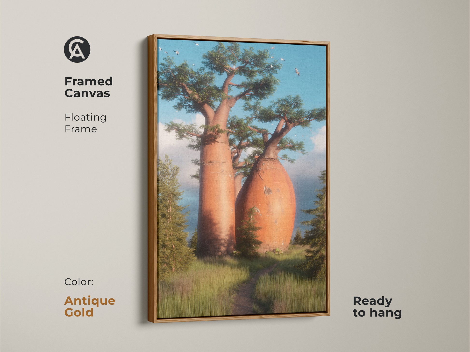Framed canvas with an antique gold floating frame capturing a natural landscape. This scenic view canvas features a flock of birds. This tree art for home is ready to hang. This colorful landscape artwork enhances any space.