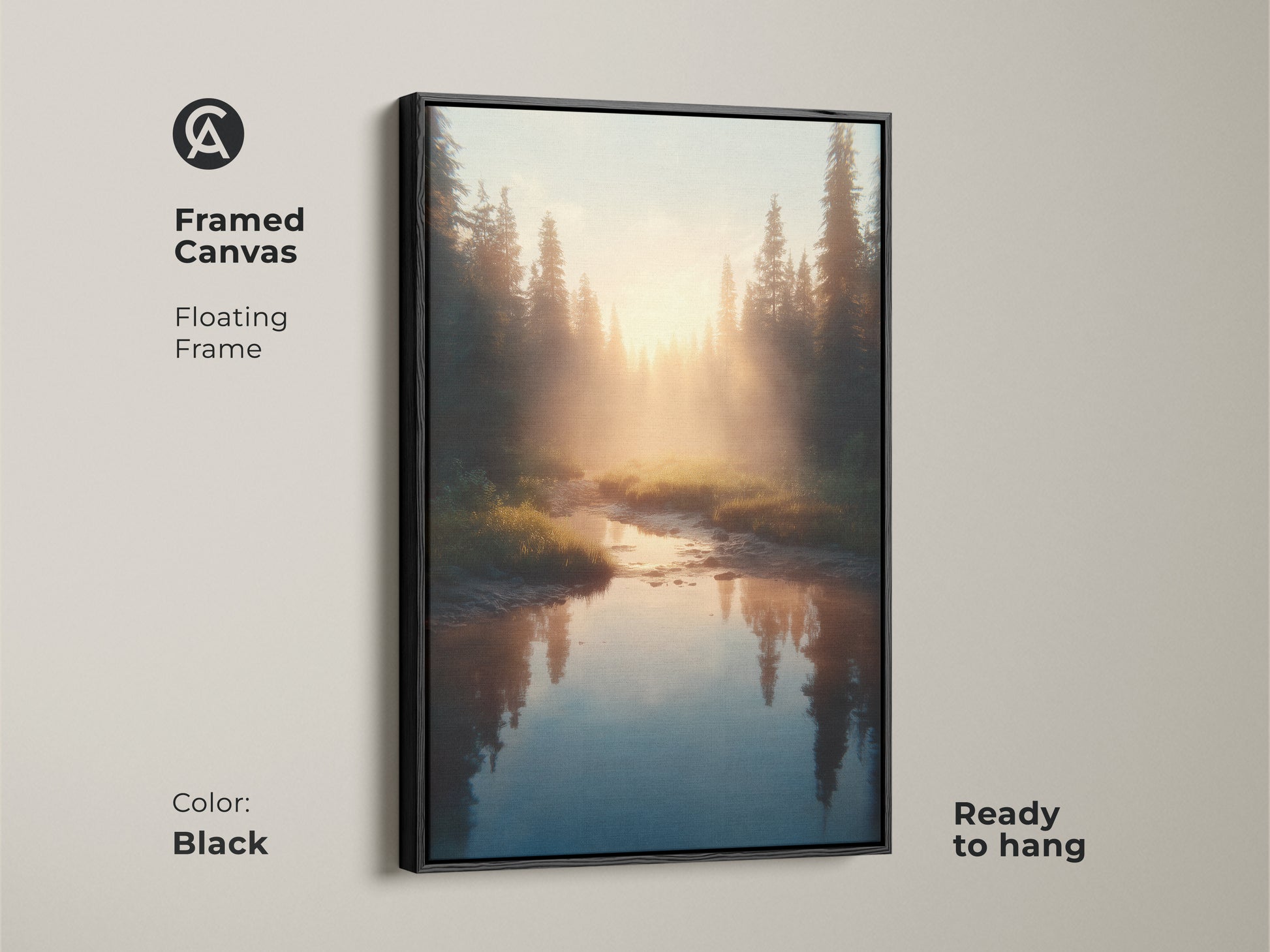 Framed in black this canvas print shows a golden hour river in a pine forest. Ready to hang the floating frame enhances the Scandinavian artwork. Bring serene nature art to your bedroom or living room.