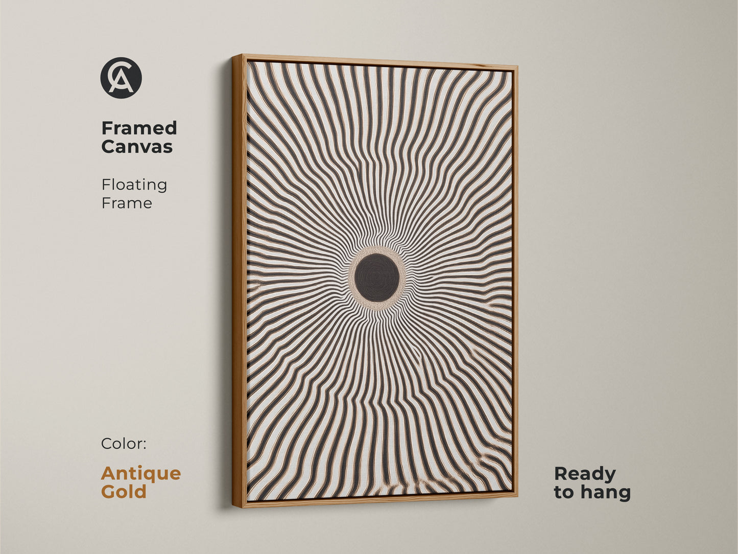 Framed canvas featuring an intriguing geometric artwork. The floating frame enhances the black and white radial burst. It is ready to hang. The antique gold frame complements minimalist home decor. It adds a modern touch to any room.