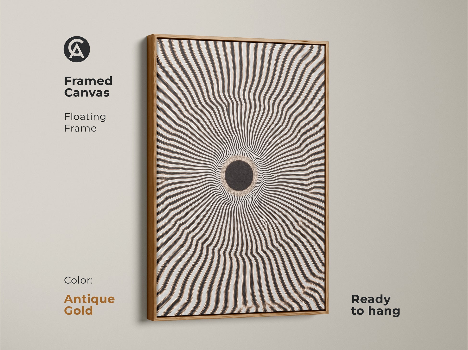 Framed canvas featuring an intriguing geometric artwork. The floating frame enhances the black and white radial burst. It is ready to hang. The antique gold frame complements minimalist home decor. It adds a modern touch to any room.
