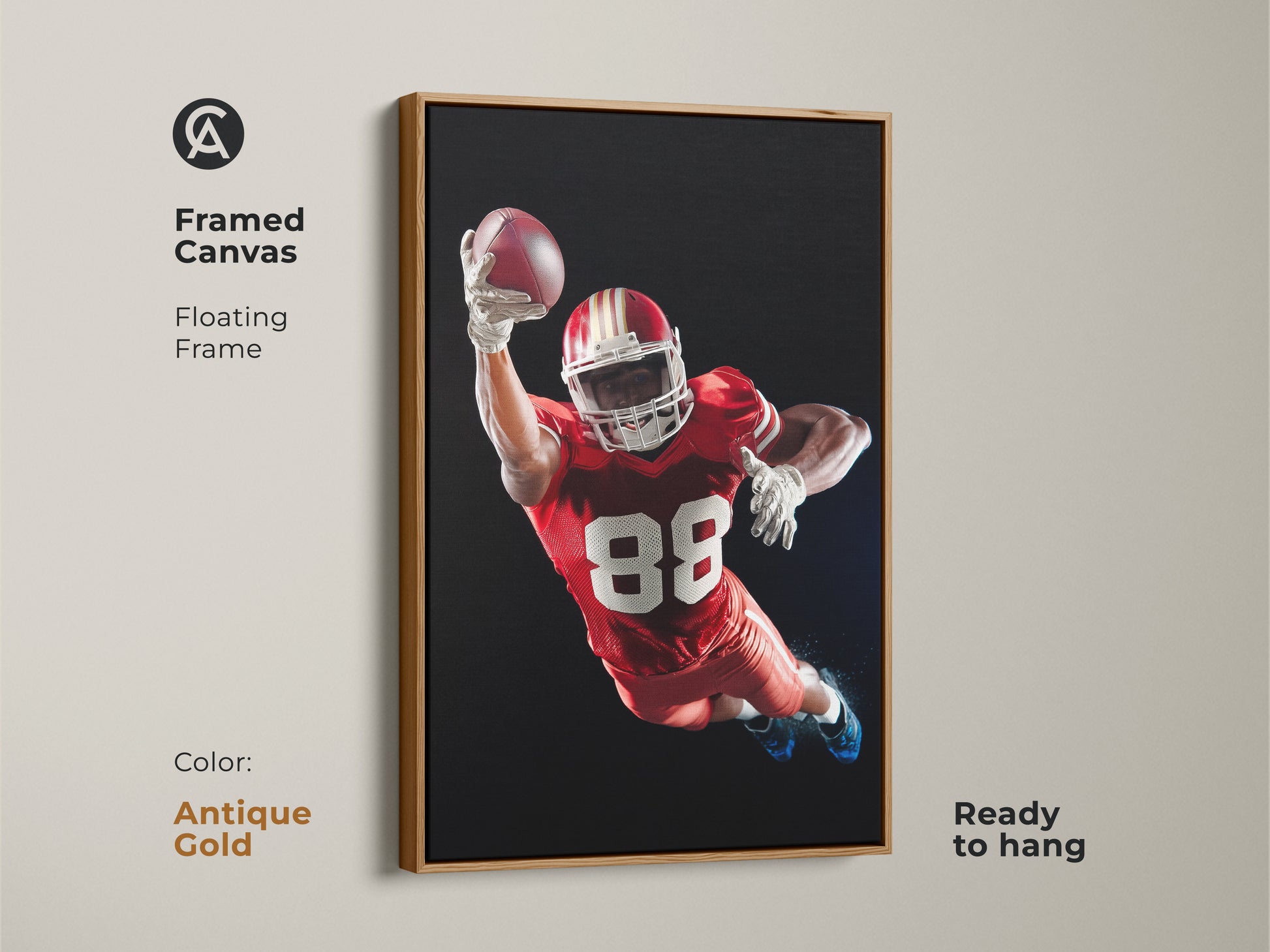 Framed Canvas of an American Football player. The floating frame is antique gold. This dynamic sports action print is ready to hang. It's ideal for a Man Cave wall art. Makes a perfect gift for sports fans. The Red White and Black football decor adds a modern touch.
