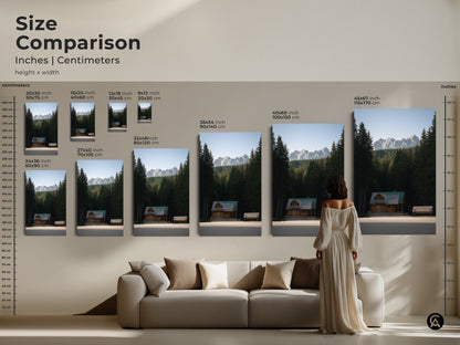 Size comparison of log cabin art in inches and centimeters. See how the mountain forest canvas print fits above a couch. This rustic home decor art is the perfect nature lover gift idea for wall art.