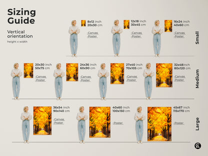 Vertical sizing guide for Gingko Trees canvas and poster prints. Visualize artwork sizes from small to large. Sizes are 8x12 to 45x67 inches. Find the perfect fit for your space. Shop Now!