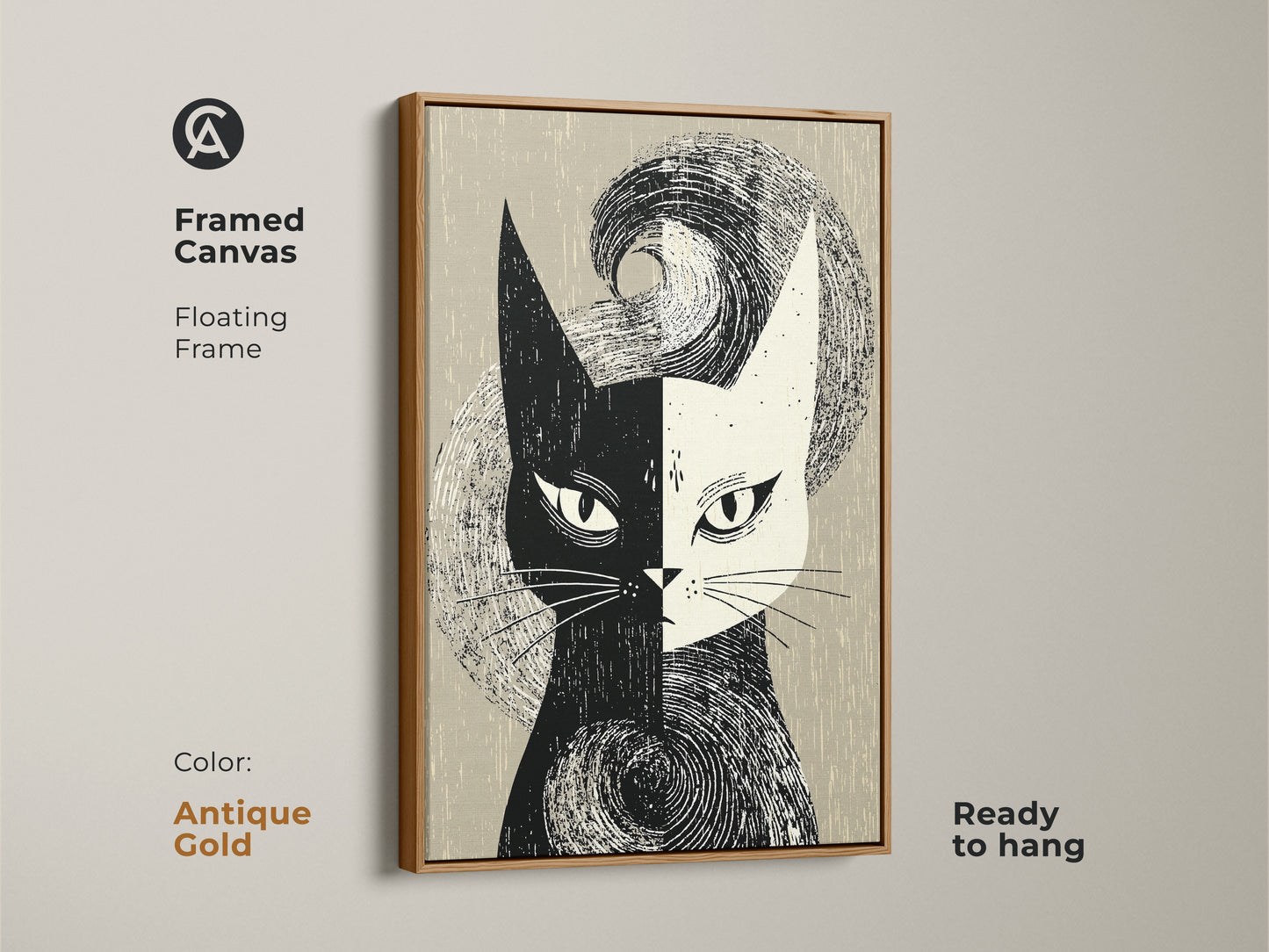 Antique gold framed canvas featuring mid-century modern cat artwork. The black and white abstract cat face print enhances any space with retro charm. Ready to hang with a floating frame. Perfect for adding a touch of vintage style to your home decor. A unique cat lover gift.