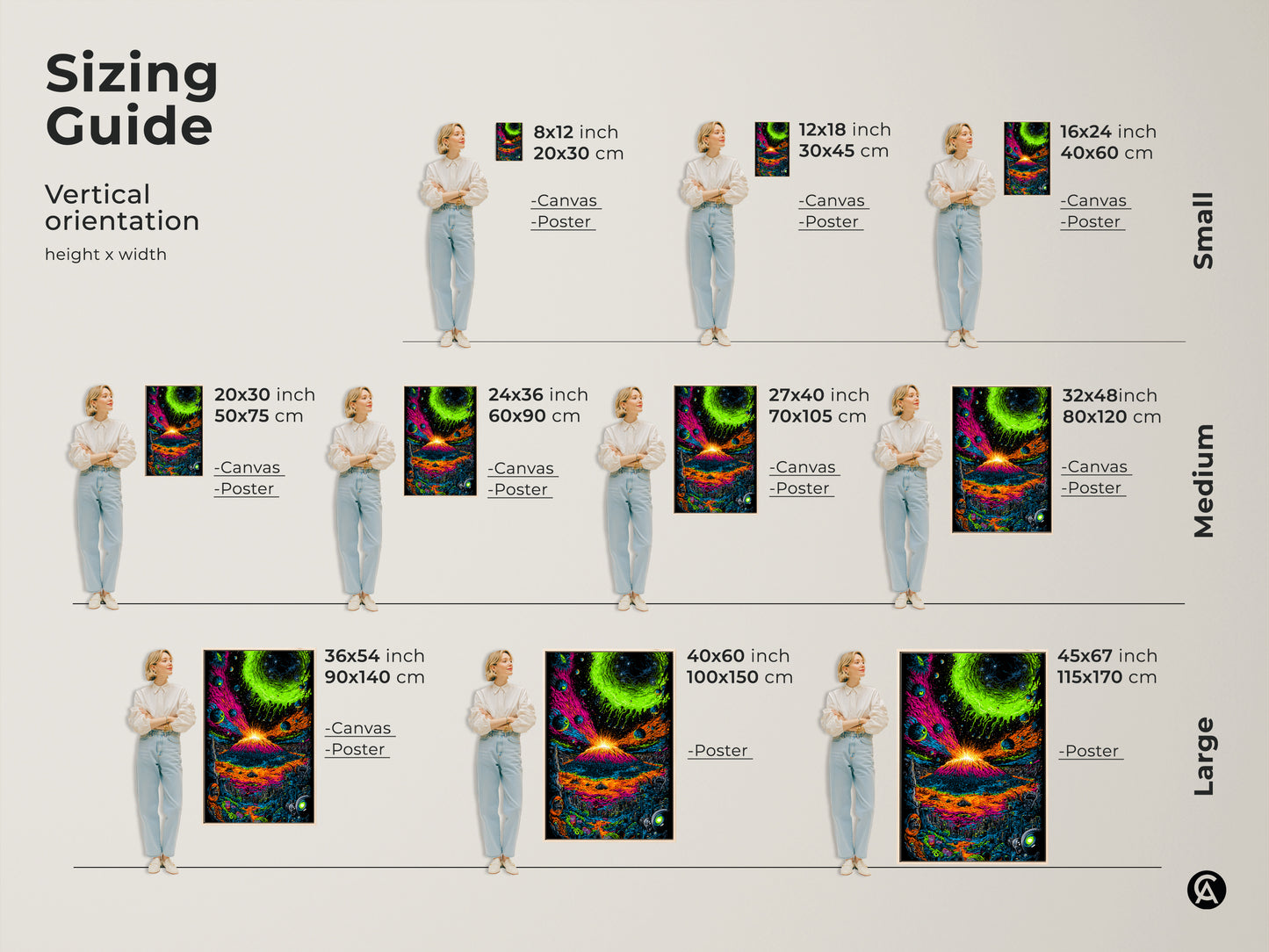 Sizing guide for vertical volcano artwork. Available as canvas or poster in various sizes. Find the perfect fit for your space. Sizes range from small to large to showcase the colorful volcano eruption.