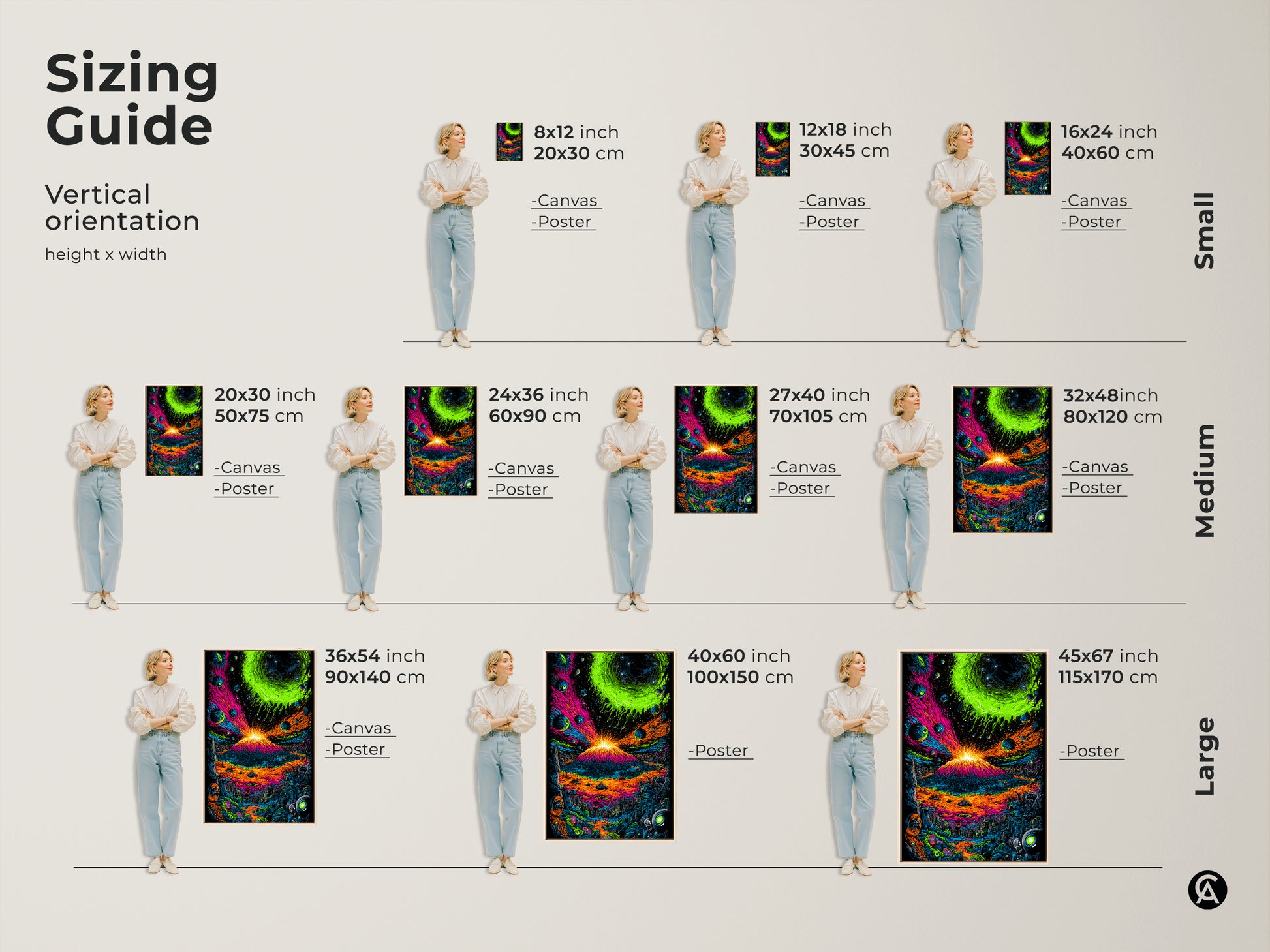 Sizing guide for vertical volcano artwork. Available as canvas or poster in various sizes. Find the perfect fit for your space. Sizes range from small to large to showcase the colorful volcano eruption.
