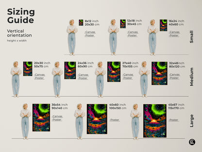 Sizing guide for vertical volcano artwork. Available as canvas or poster in various sizes. Find the perfect fit for your space. Sizes range from small to large to showcase the colorful volcano eruption.