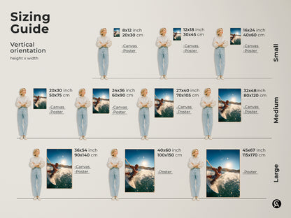Explore the sizing guide for wakeboarding art. Vertical orientation options range from small to large. Find the ideal canvas or poster size. Transform your space with dynamic water sports artwork.