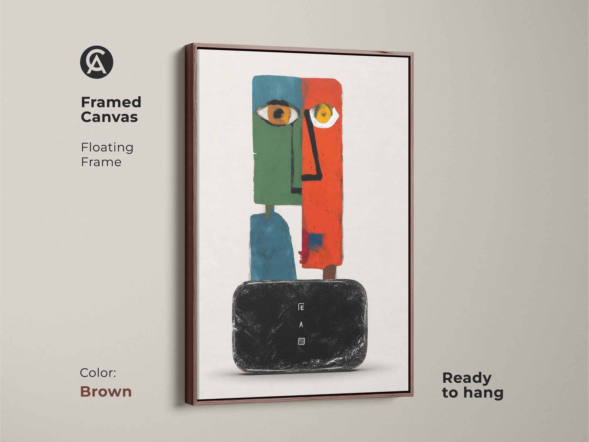 Framed canvas of a modern abstract face artwork with a floating brown frame. This surreal wall decor features an eclectic orange green and teal color palette. The figurative geometric canvas art is ready to hang. A perfect addition to a bedroom or living room. This contemporary wall art adds sophistication to any space.