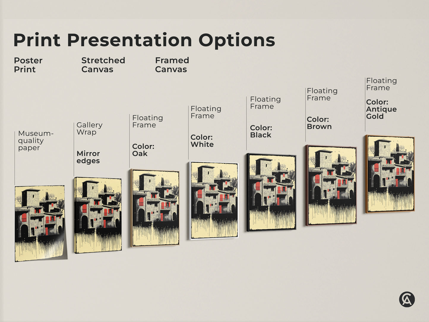 Presentation options for the Tuscan Village art print. Choices include poster prints stretched canvas and framed canvas in colors like black brown and antique gold. Each option showcases Italian architecture for travel enthusiasts.