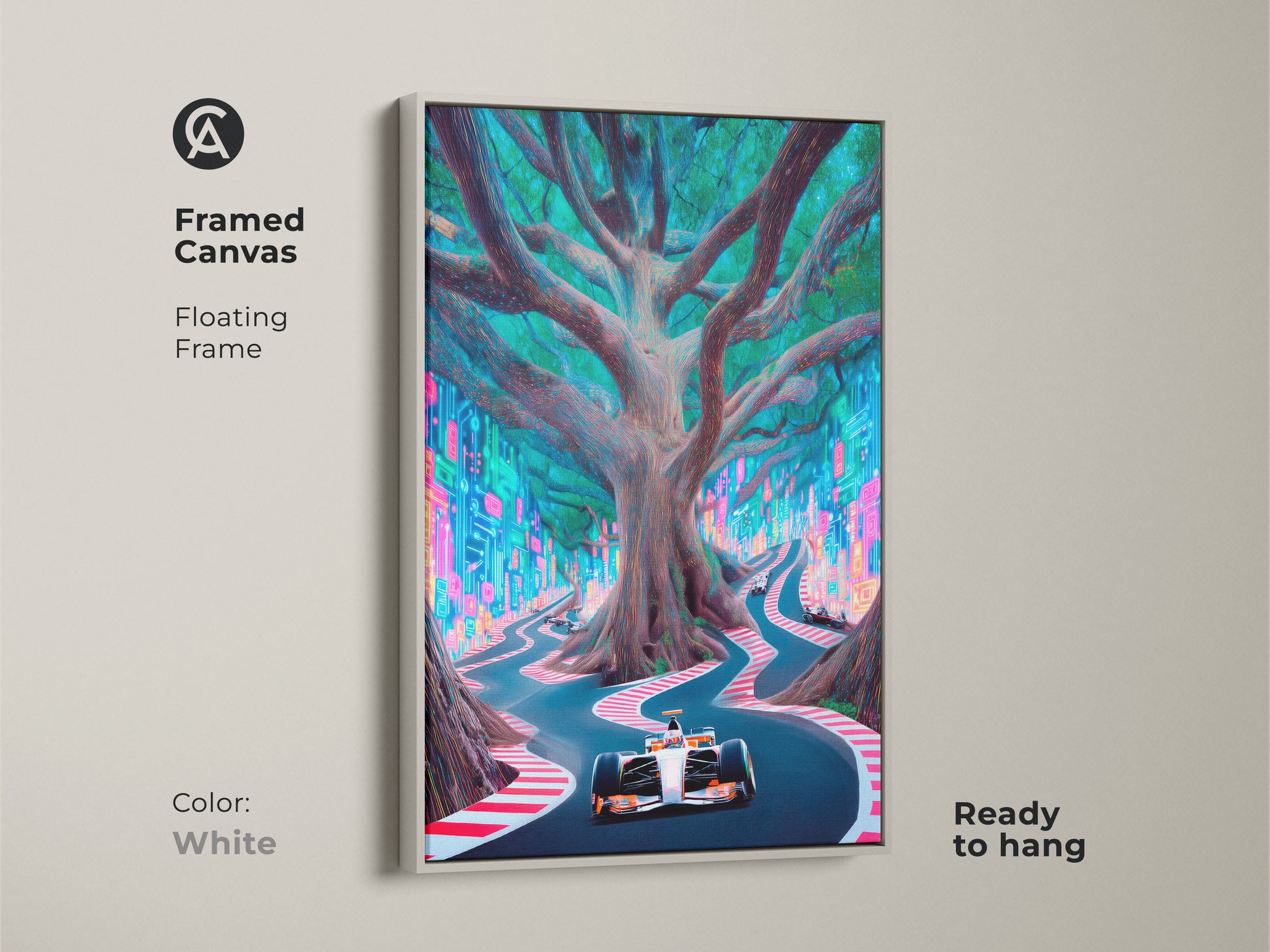 A Framed Canvas showcasing Cyberpunk Formula 1 art. The neon city racing canvas shows an electric blue tree road print. This futuristic F1 wall art is a surreal nature racing decor. It's ready to hang with a stylish white floating frame.