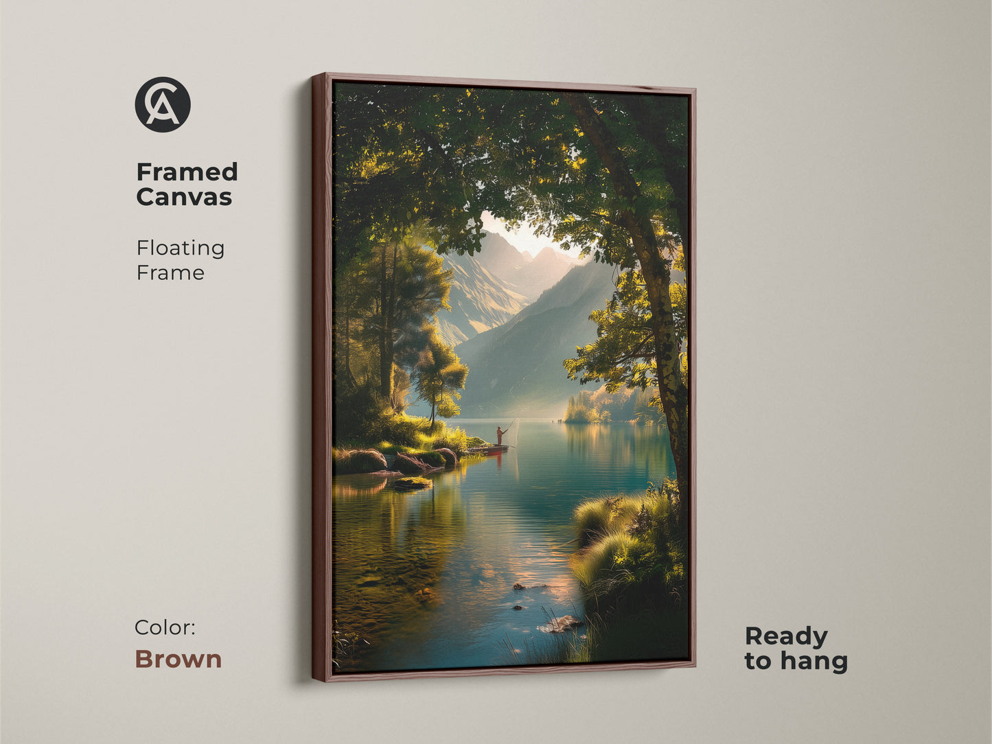 Brown framed canvas art displaying a peaceful lake and mountain view. A fisherman is on the water. The floating frame complements the artwork. Add nature's beauty to your walls today.