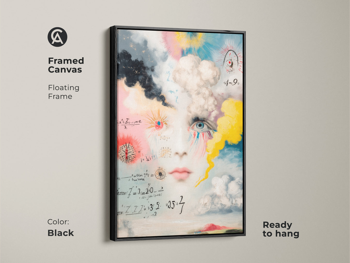 A framed surreal face artwork in a black floating frame. The conceptual canvas blends a portrait with math equations. Blue pink and yellow colors create an intellectual and artistic statement piece that is ready to hang.