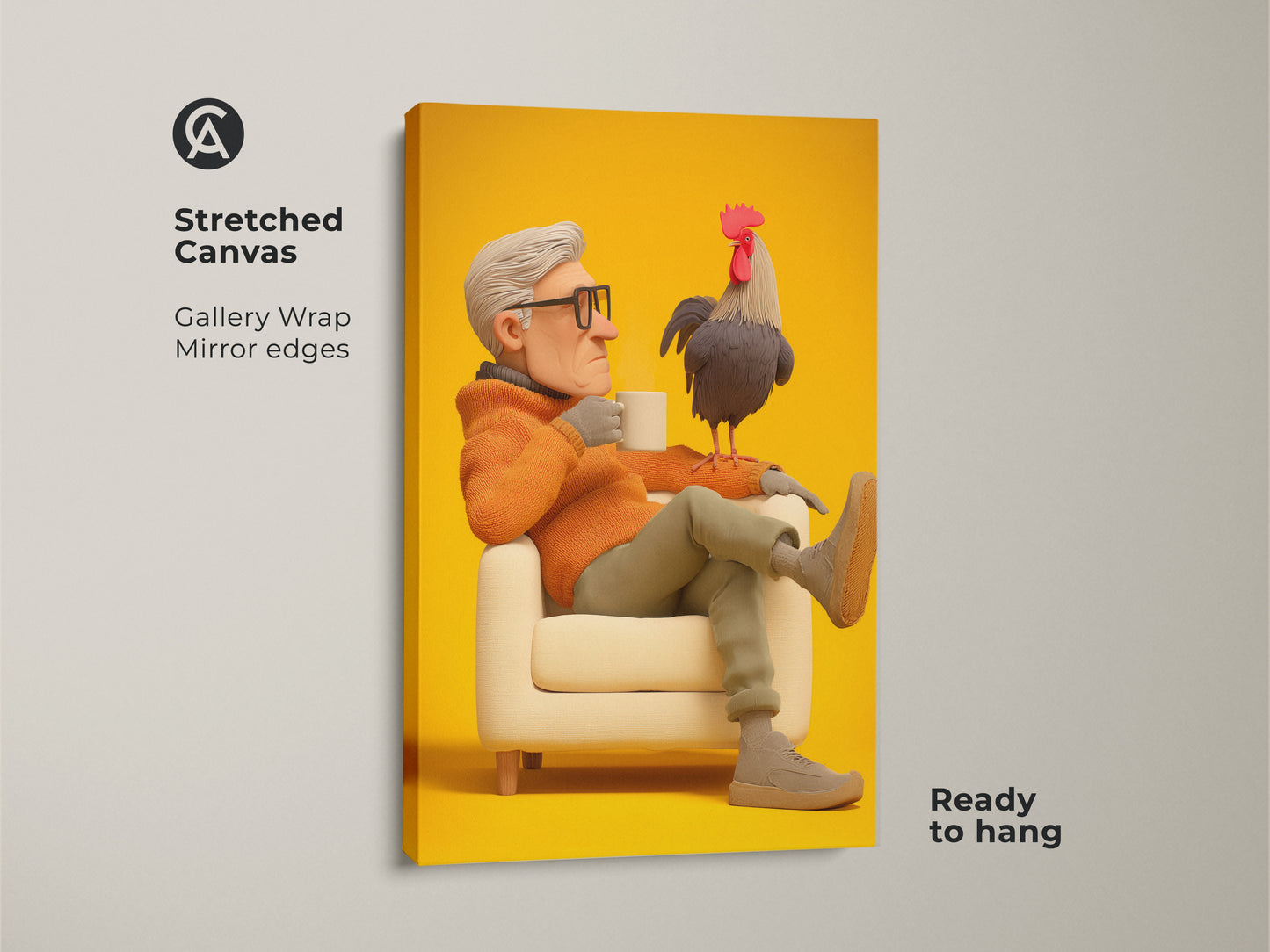 A stretched canvas art print shows a grandfather with his rooster. Gallery wrapped with mirrored edges. This piece is ready to hang. The yellow and beige colors make it an ideal addition to a study room or eclectic living space. A fun animal artwork for any animal lover.